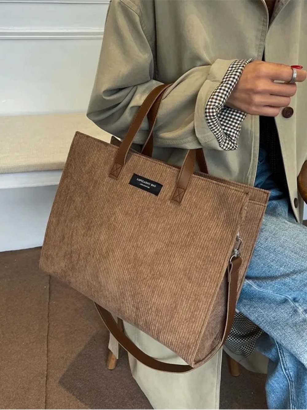 Minimalist Brown Corduroy Tote Korean Style Commuter Laptop Bag
